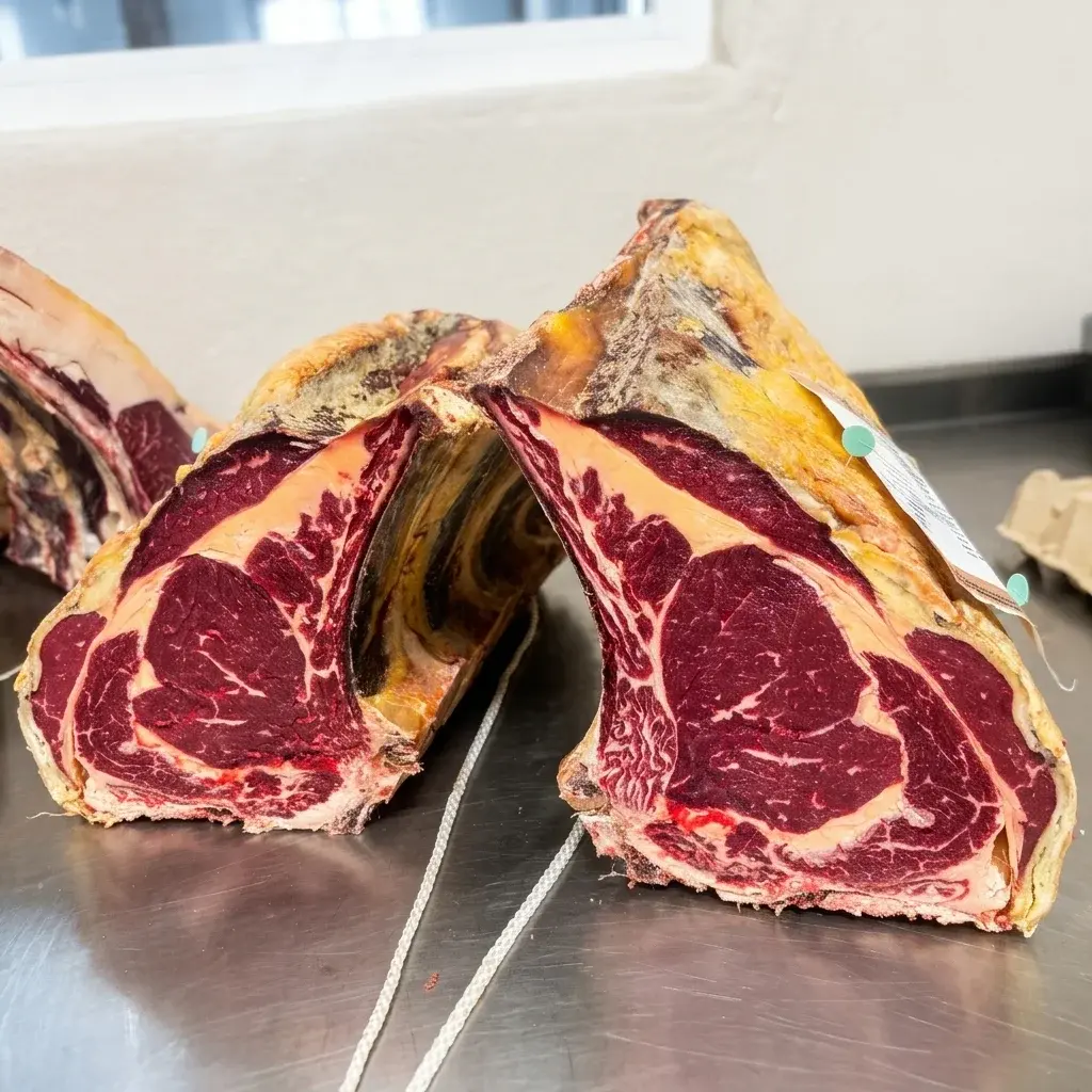 Corte de chuletón de vaca Rubia Gallega, veteado, madurado en Las Chinas